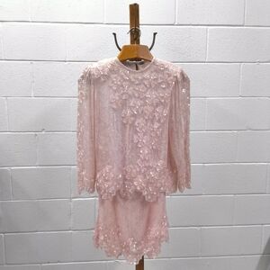 VTG Laurence Kazar New York Hand Beaded Silk 2 Piece Set Pink Sequin M